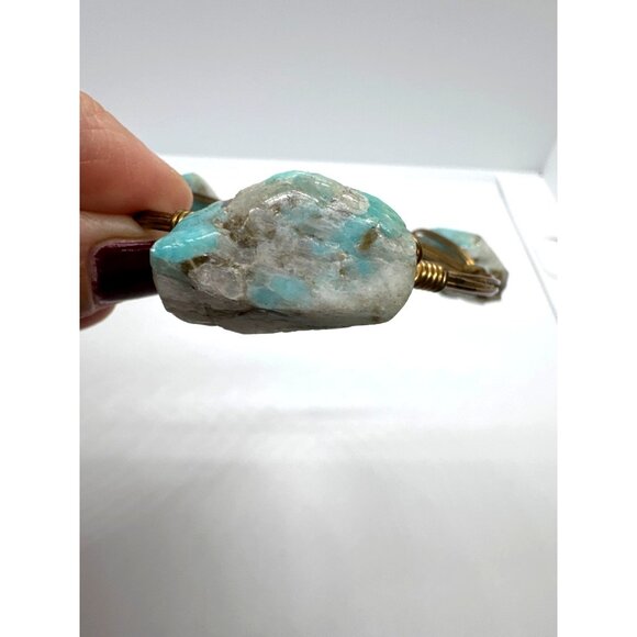 Handcrafted Gold Wire Bangle Bracelet With Natural Amazonite Stones & "H.D." Tag - Picture 2 of 7